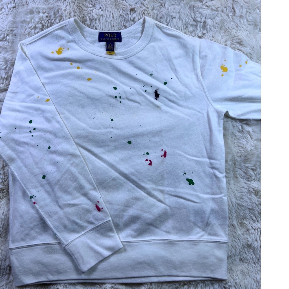 Polo Ralph Lauren Boys White Paint Splatter Fleece Sweatshirt Size M 10-12 A31